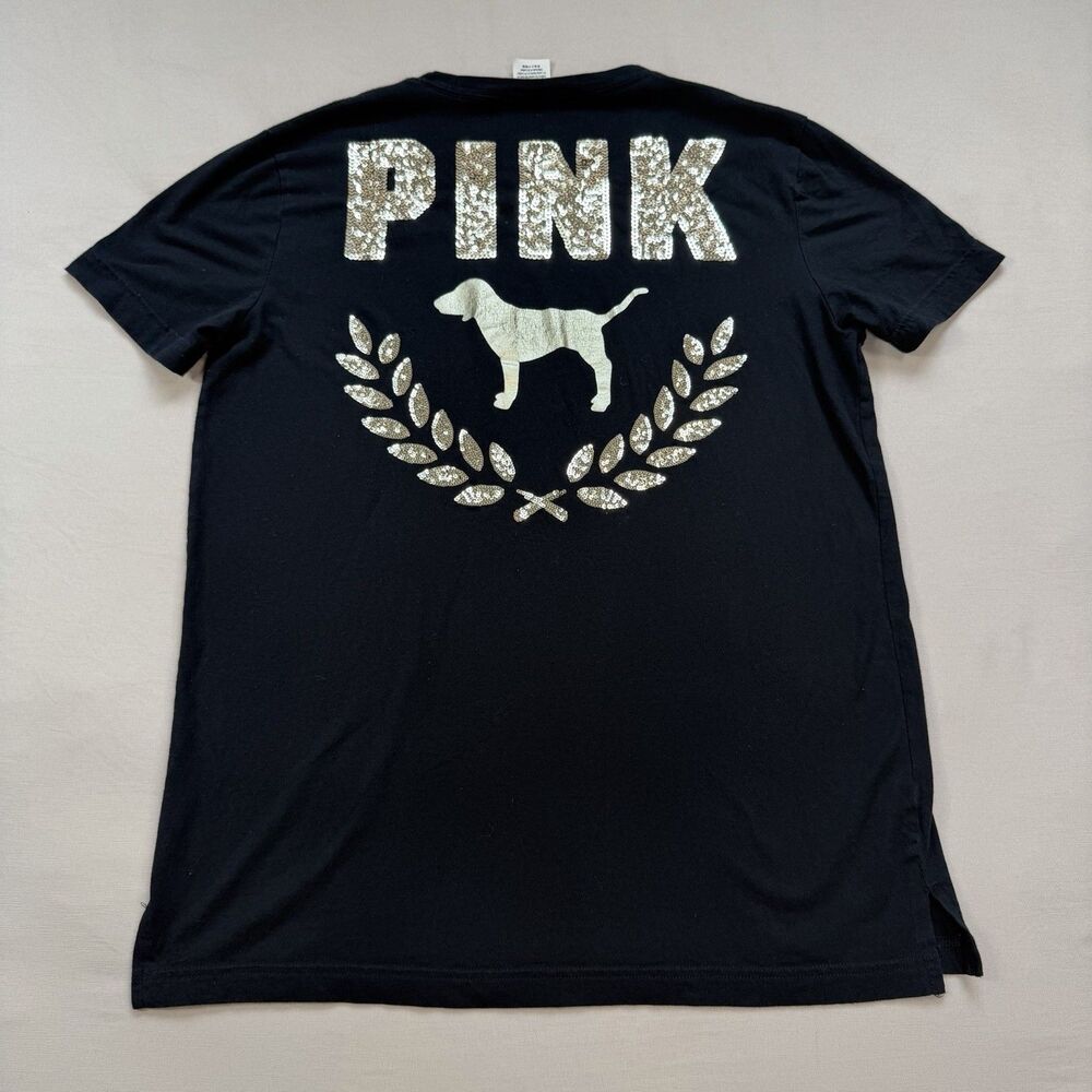 Victoria's Secret Pink Shine Campus Short Sleeve Tee SMALL Black Gold Bling Y2K